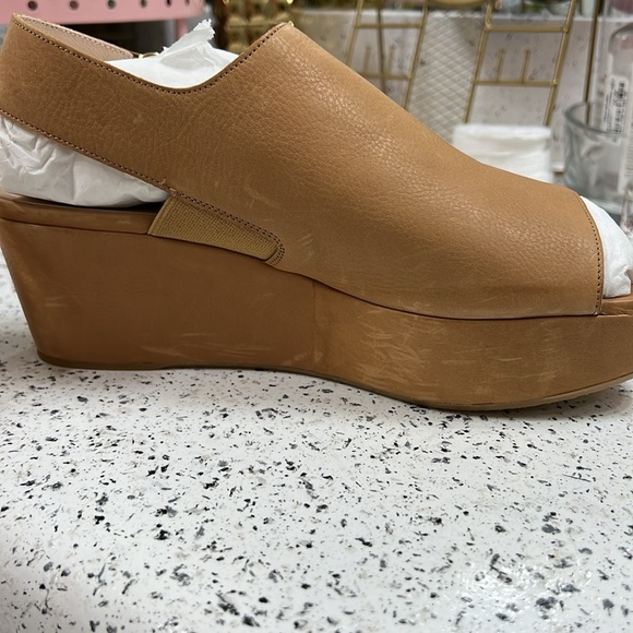 Stuart Weitzman Offset Leather Peep-Toe Wedge, Pecan - Picture 6 of 13